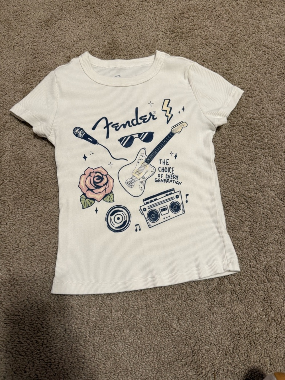 Fender Cream Kids Graphic Tee with Pink Rose & Navy Guitar Art